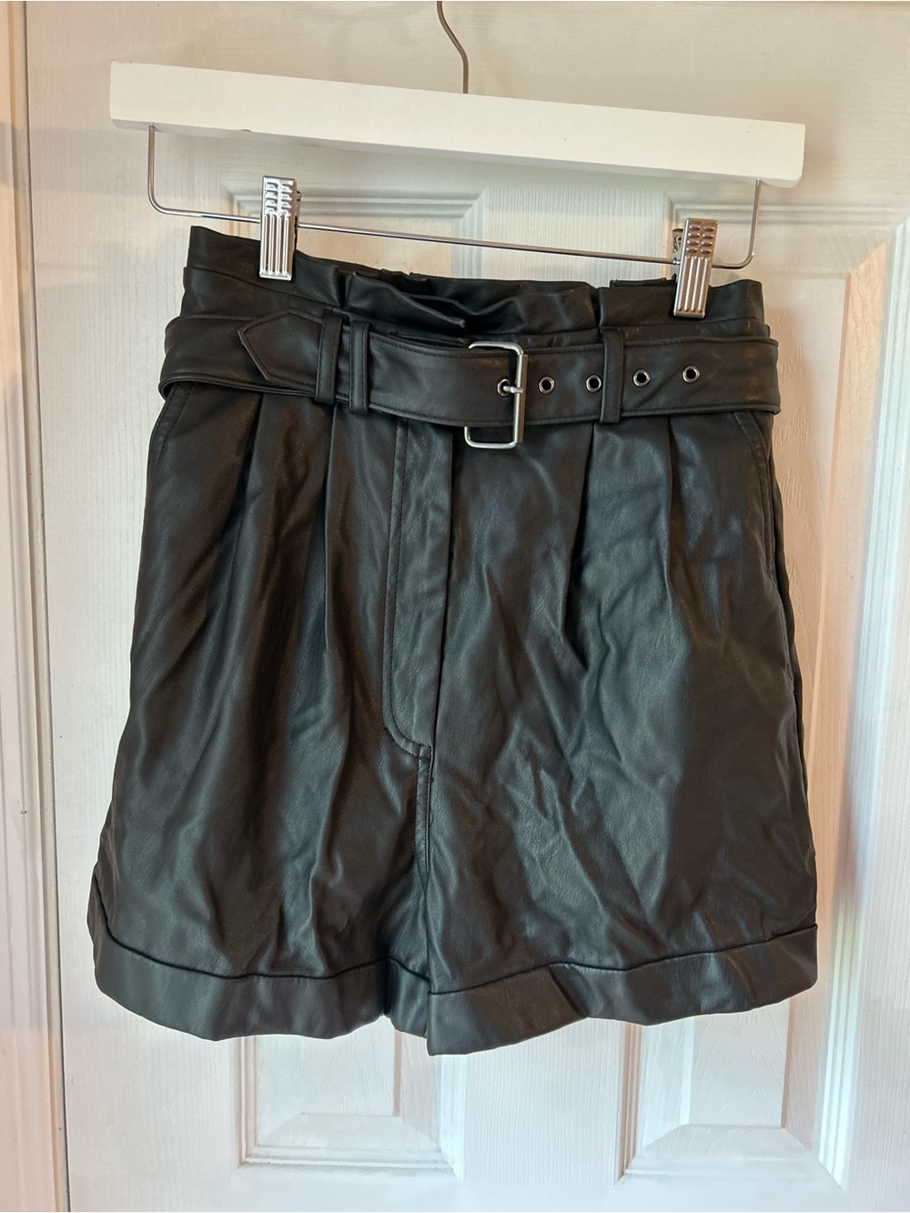 Express Black Faux Leather High-Waist Belted Shorts